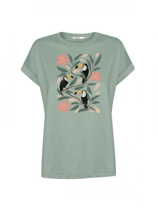 Foto van product GREENBOMB Shirt 'Tucan Flower Loony' lichtgroen / pastelroze / zwart