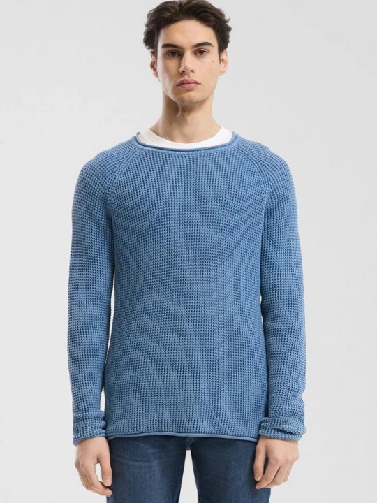 Foto van product Grofgebreide trui met garment wash en rolrandje QS blauw