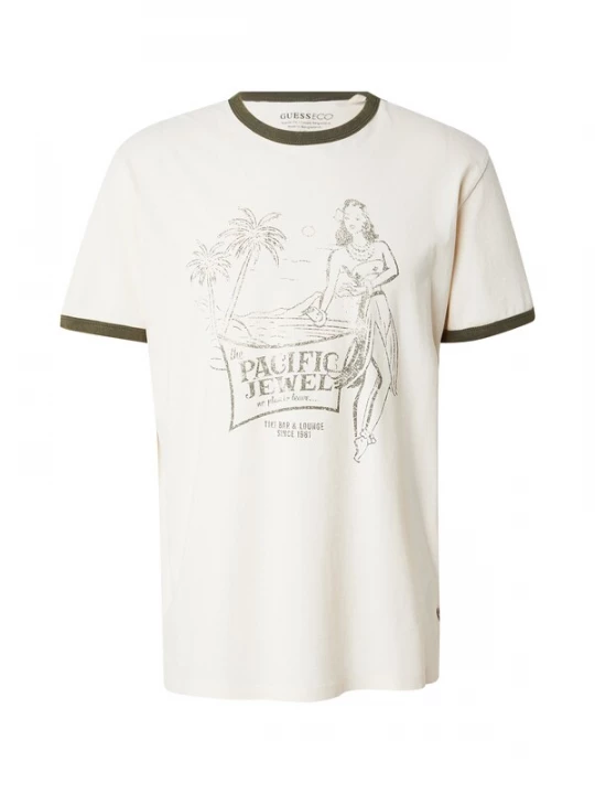 Foto van product GUESS Shirt 'NO PLAN TO LEAVE' crème / olijfgroen