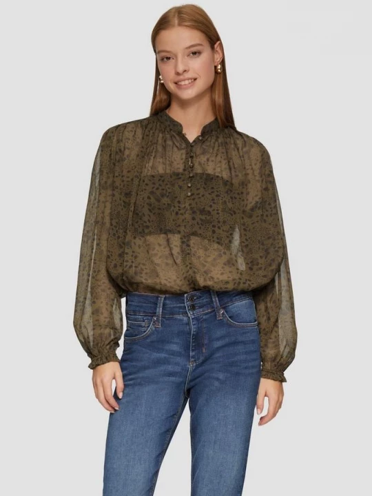 Foto van product Half doorschijnende chiffon blouse met pofmouwen QS olijfgroen
