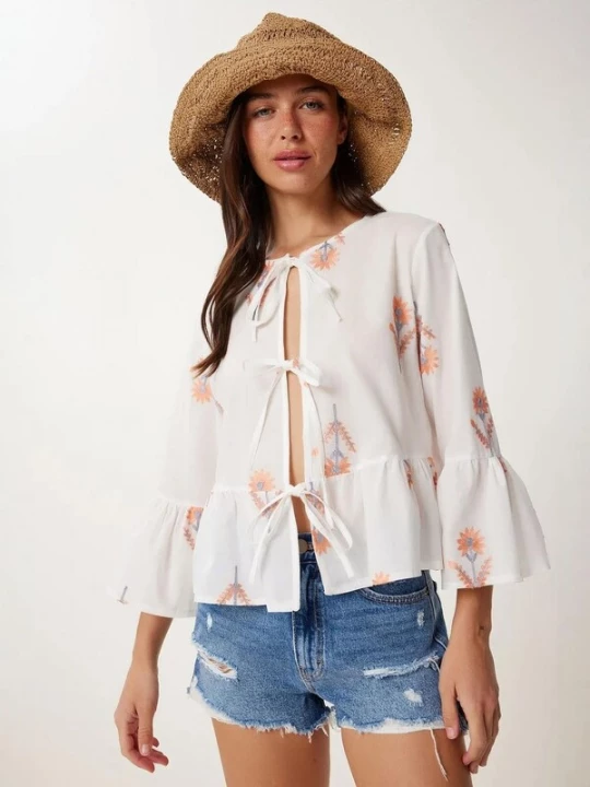 Foto van product Happiness İstanbul Blouse smoky blue / oranje / wit Happiness Istanbul