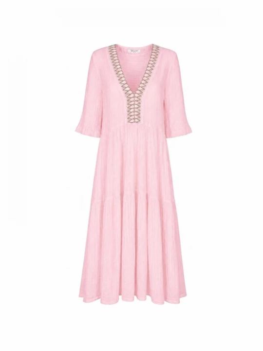 Foto van product Haris Cotton Jurk 'Maxi Dress in Textured Cotton with Laced Trim V Neck' lichtroze