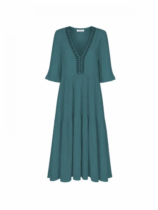 Foto van product Haris Cotton Jurk 'Maxi Dress in Textured Cotton with Laced Trim V Neck' riet