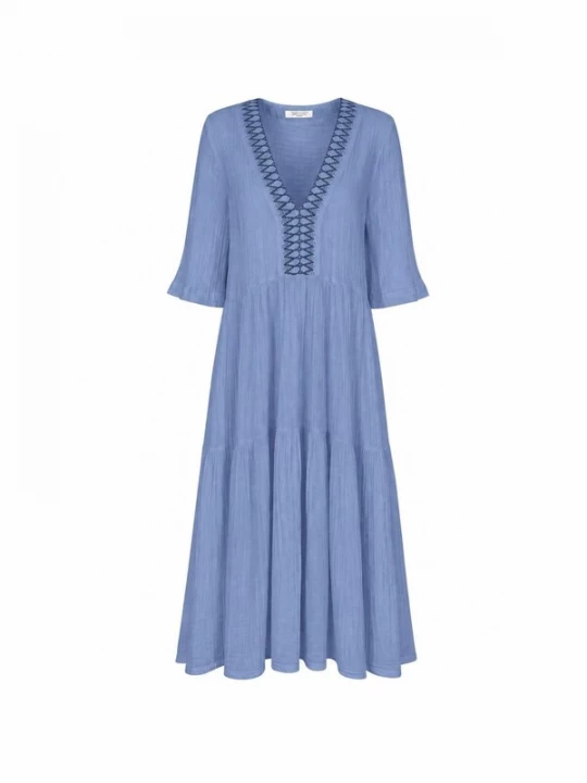 Foto van product Haris Cotton Jurk 'Maxi Dress in Textured Cotton with Laced Trim V Neck' royal blue / koningsblauw