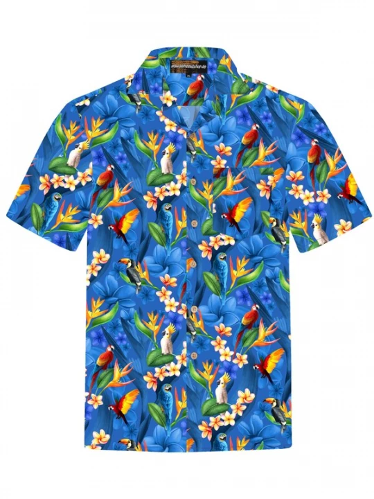 Foto van product Hawaiihemdshop.de Overhemd 'Hawaiihemd "Flower Parrots (blue)"' blauw