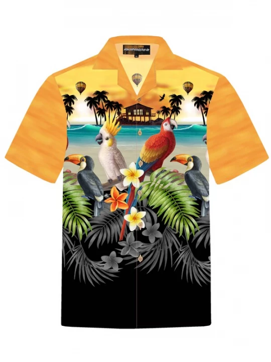 Foto van product Hawaiihemdshop.de Overhemd 'Hawaiihemd "Golden Parrots"' goudgeel