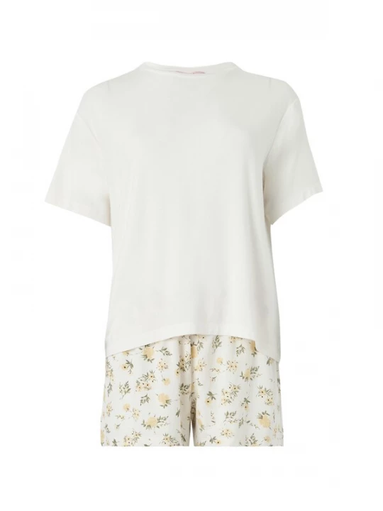 Foto van product Hunkemöller Korte pyjama 'Daisy' ivoor / geel / olijfgroen / zwart