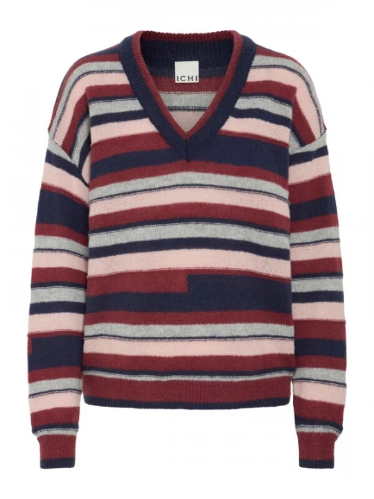 Foto van product ICHI Trui 'IHASTRA' navy / grijs gemêleerd / rosé / donkerrood