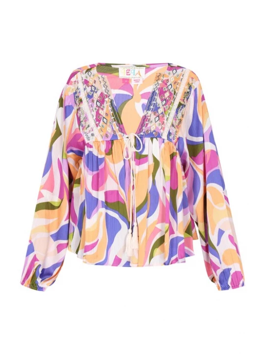 Foto van product IZIA Blouse 'Fashion Look' olijfgroen / violetblauw / lichtoranje / wit