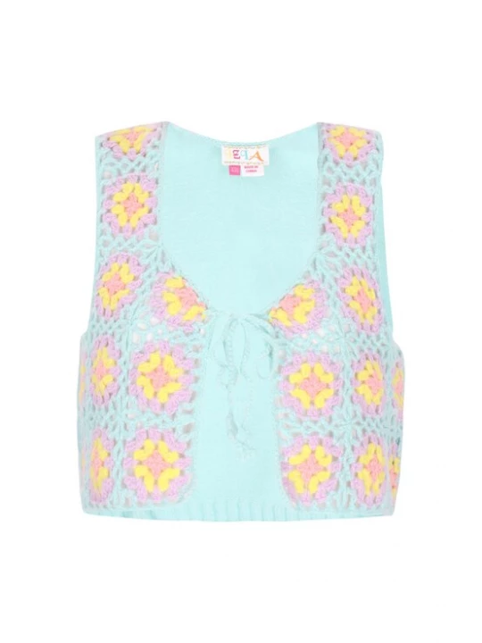 Foto van product IZIA Gebreide bodywarmer turquoise / geel / lavendel / rosa