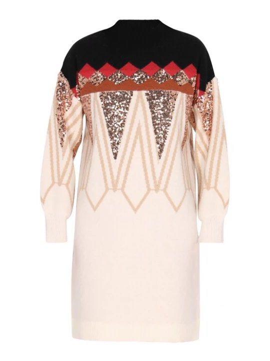 Foto van product IZIA Gebreide jurk beige / goud / rood / zwart