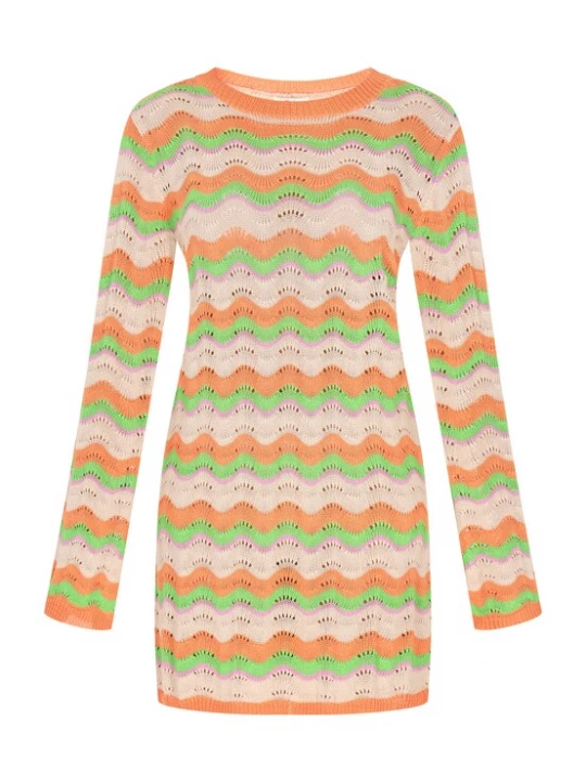 Foto van product IZIA Gebreide jurk 'Festival' beige / lichtgroen / sering / oranje