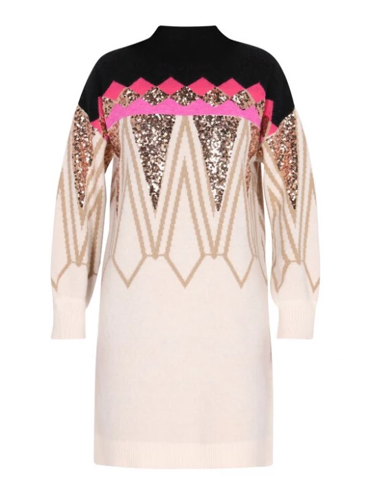 Foto van product IZIA Gebreide jurk lichtbeige / goud / pink / zwart