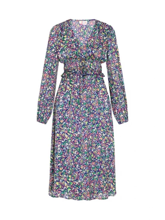 Foto van product IZIA Jurk beige / donkerblauw / geel / donkergroen