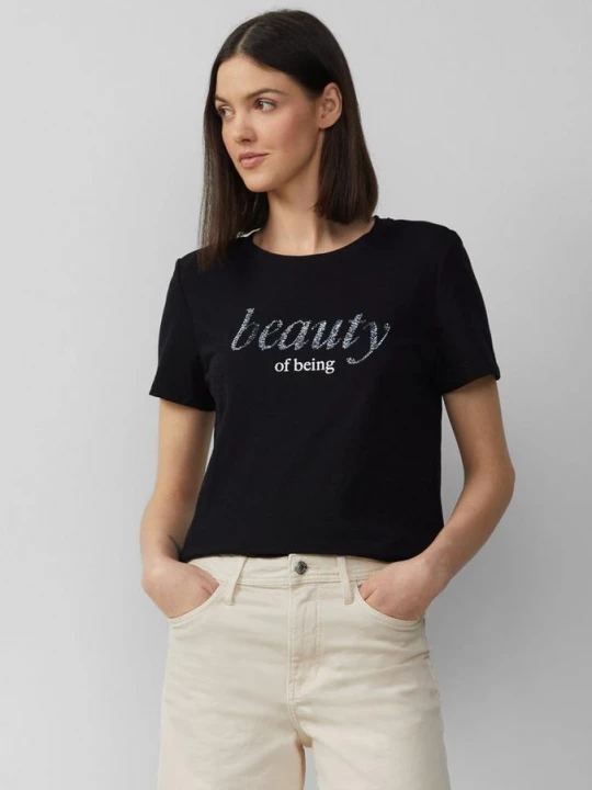 Foto van product Jersey T-shirt met tekstprint en pailletjes s.Oliver zwart