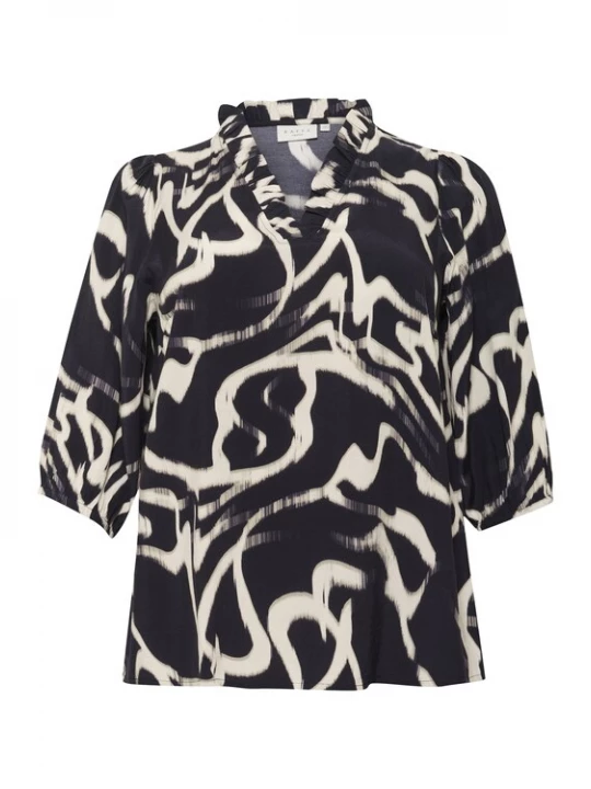Foto van product KAFFE CURVE Blouse 'MAREN FRILL' zwart / wit