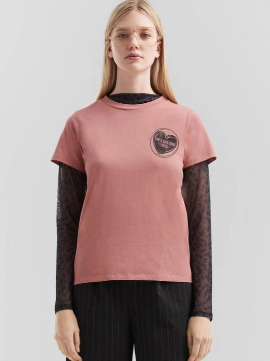 Foto van product Katoenen shirt met kleine print op de voorkant QS roze