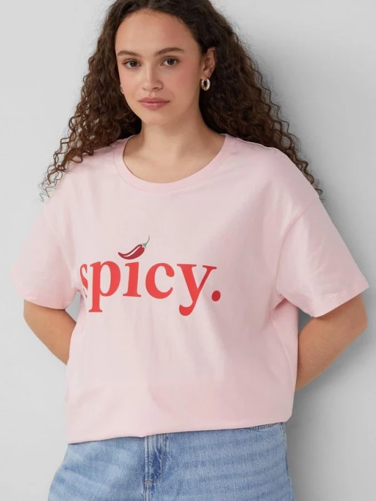 Foto van product Katoenen shirt met oversized schouders en print op de voorkant QS roze