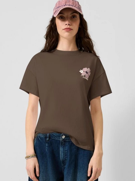 Foto van product Katoenen shirt met print op de voor- en achterkant QS bruin