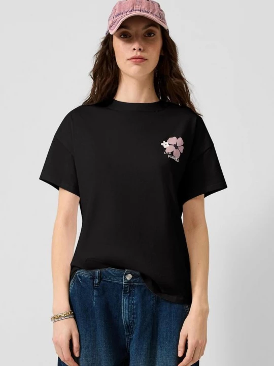 Foto van product Katoenen shirt met print op de voor- en achterkant QS zwart