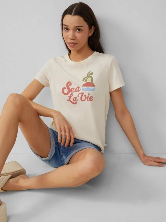 Foto van product Katoenen shirt met print op de voorkant QS beżowy