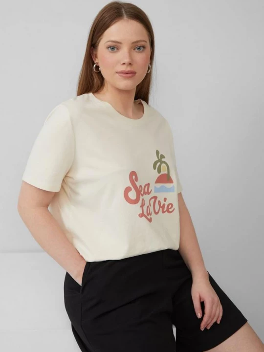 Foto van product Katoenen shirt met print op de voorkant QS beżowy