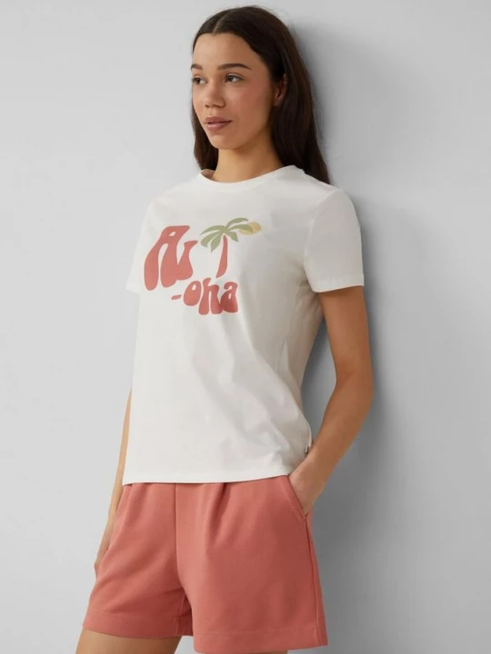 Foto van product Katoenen shirt met print op de voorkant QS crème