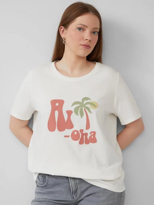 Foto van product Katoenen shirt met print op de voorkant QS crème