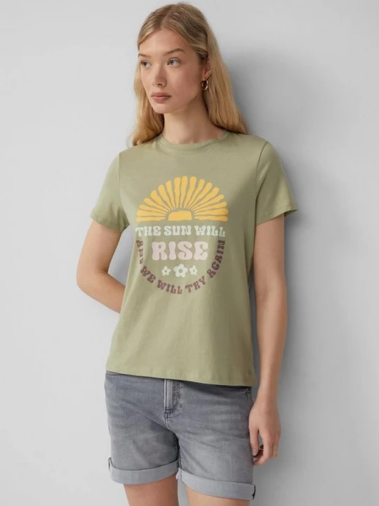 Foto van product Katoenen shirt met print op de voorkant QS olijfgroen
