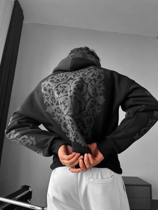Foto van product Kleidermafia Sweatshirt 'Oversize Carpet Pattern Hoodie - Black and Anthracite' zwart