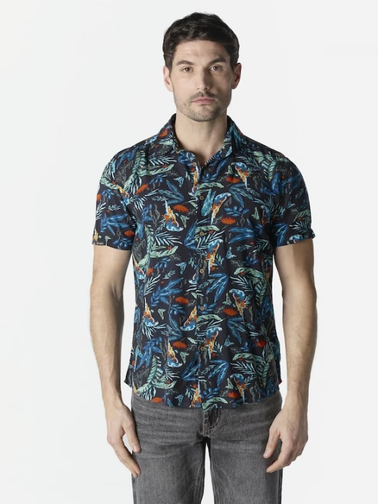 Foto van product KOROSHI Overhemd blauw / oranje / kreeft / zwart