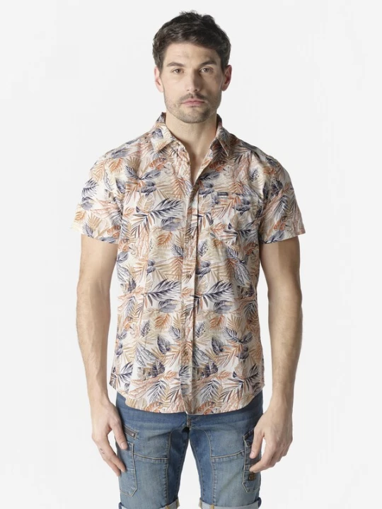 Foto van product KOROSHI Overhemd navy / cognac / wit