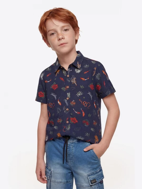 Foto van product KOROSHI Overhemd navy / groen / oranje / robijnrood