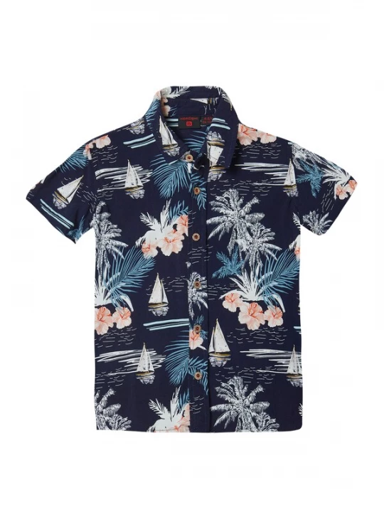 Foto van product KOROSHI Overhemd navy / lichtblauw / oranjerood / wit