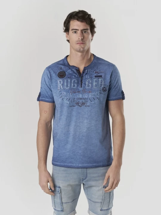 Foto van product KOROSHI Shirt blauw gemêleerd / wijnrood