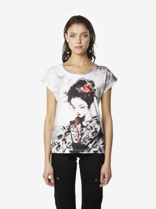 Foto van product KOROSHI Shirt geel / cranberry / zwart / wit