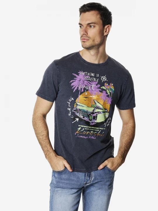 Foto van product KOROSHI Shirt nachtblauw / donkergeel / lichtgroen / lila