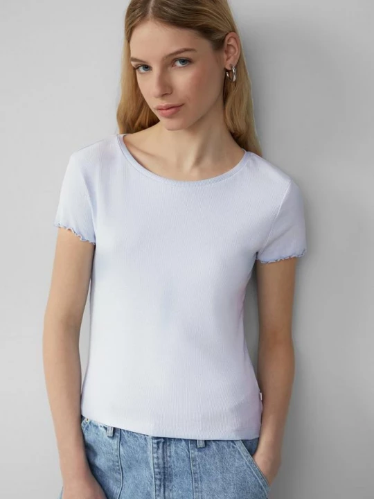 Foto van product kort geribd shirt met ronde hals QS blauw