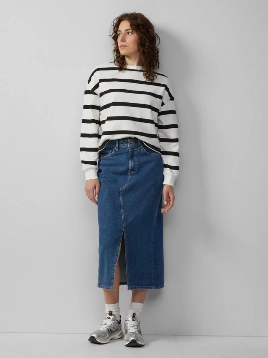 Foto van product kuitlange denim rok met split QS blauw