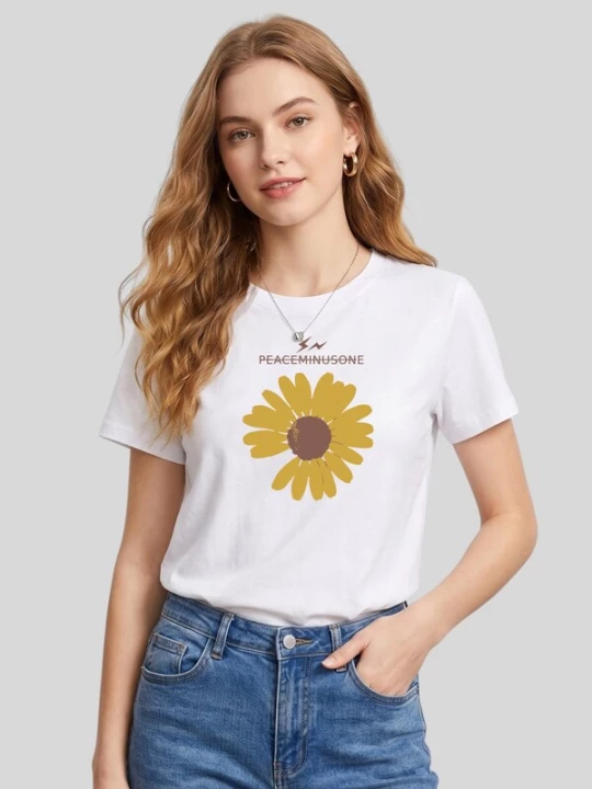 Foto van product LapaPlus Shirt 'Women Minimal Hand-Drawn Sunflower Print T-Shirt' wit