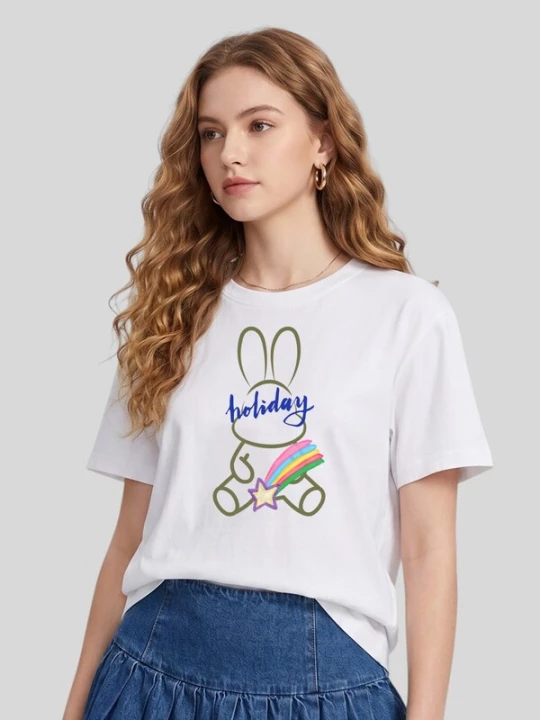 Foto van product LapaPlus Shirt 'Women Minimal Line Drawing Rabbit with Rainbow Holiday Print T-Shirt' wit