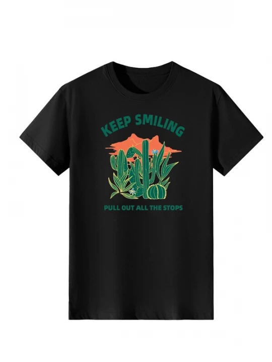 Foto van product LapaPlus Shirt 'Women Retro Desert Cactus KEEP SMILING Slogan Print T-Shirt' zwart