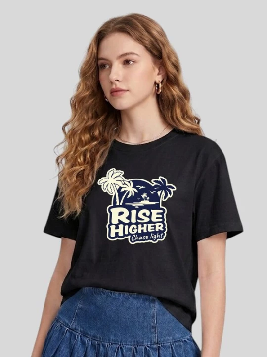 Foto van product LapaPlus Shirt 'Women Retro Island Palm Tree RISE HIGHER Slogan Print T-Shirt' zwart