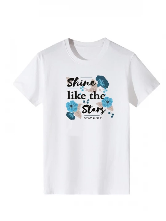 Foto van product LapaPlus Shirt 'Women Vintage Blue Flower Shine like the Stars Literary Print T-Shirt' wit
