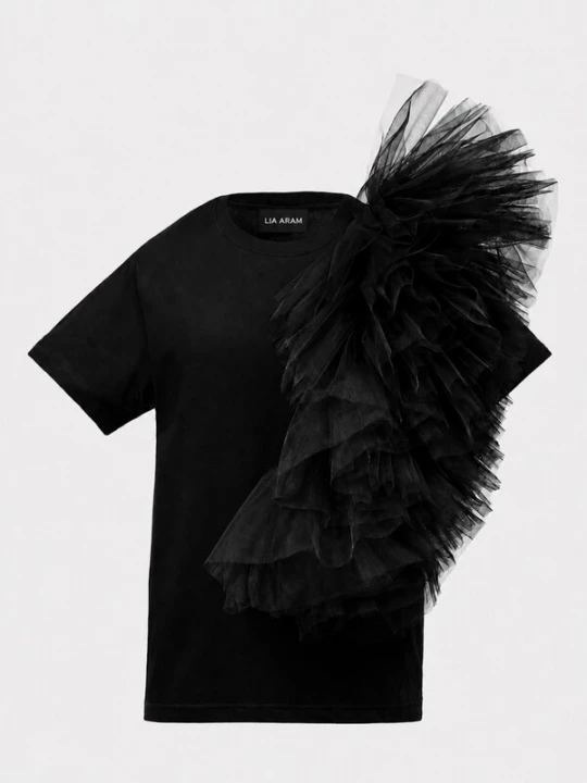 Foto van product Lia Aram Top 'Tulle Panel Cotton Tee in Black' zwart