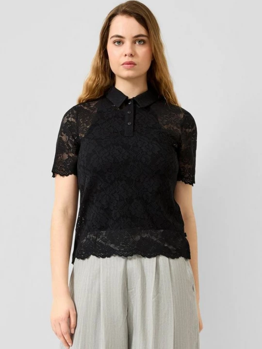 Foto van product Licht transparant kanten poloshirt QS zwart