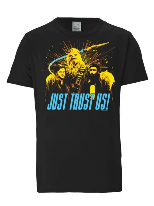Foto van product LOGOSHIRT Shirt 'Star Wars: Solo - Just Trust Us' neonblauw / goudgeel / zwart