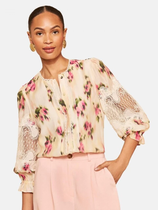Foto van product love & roses Blouse beige / groen / pink