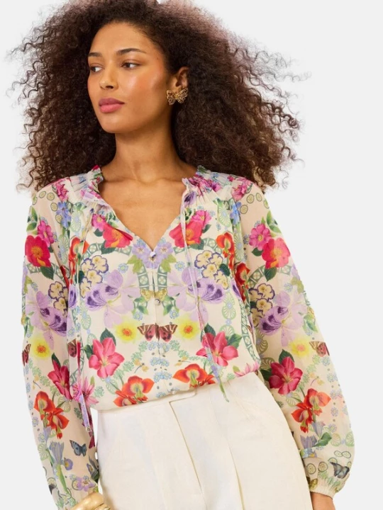 Foto van product love & roses Blouse crème / geel / lichtlila / pitaja roze