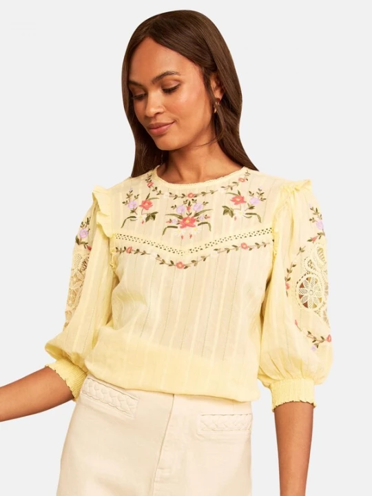 Foto van product love & roses Blouse crème / lichtgeel / spar / knalrood